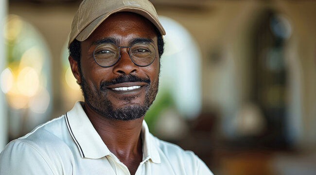 African 40's corporate golfer smart wearing polo shirt and cap, smiling.