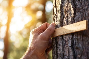 A forester measures the width of a towering tree trunk in a dense, sun-dappled forest with birds chirping in the background