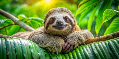 Obraz premium Adorable Sloth Lounging Comfortably on a Tree Branch in a Lush Tropical Forest, Showcasing its Unique Features and the Serenity of Nature's Wildlife Habitat