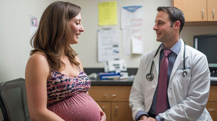 Fototapeta premium Pregnant woman in doctor office smiling during check up