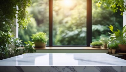 Fototapeta premium Marble countertop in a modern interior with a large window framing a warm, sunlit green landscape