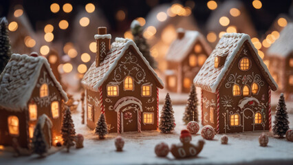 Fototapeta premium A charming setup featuring a small village of decorated gingerbread houses with intricate icing details.
