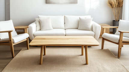 Fototapeta premium Modern living room interior with white sofa, wooden coffee table, two armchairs, decorative pillows, and a beige rug on wooden flooring.