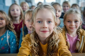 Happy Diverse Group of Girls in Classroom Embracing Playful Learning and Friendships