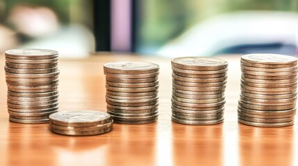 Stacks of Coins on Wooden Table