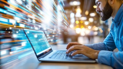 Businessman Working on Laptop with Blurred Lights and Data Stream