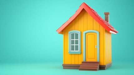 Cartoon House with Red Roof and Teal Background