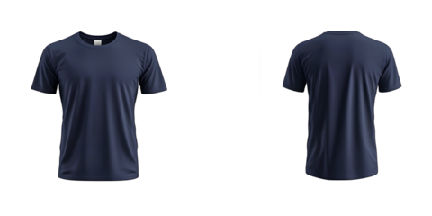 Tshirt Blue. Blank Cotton T-shirt Navy Blue Template Front and Back View on White Background