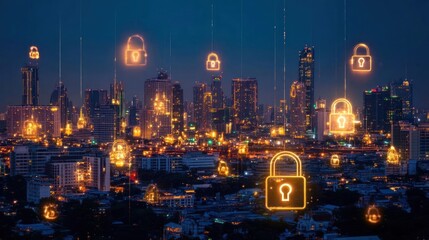 Glowing padlock icons over a cityscape at night represent cybersecurity and data privacy.