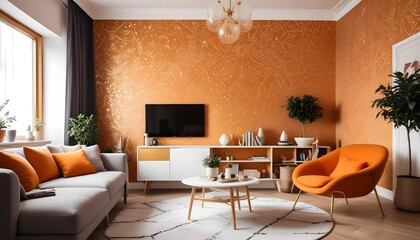 Obraz premium Scandinavian living room interior design zoom background,Doodle Galaxy patterned wallpaper graphics