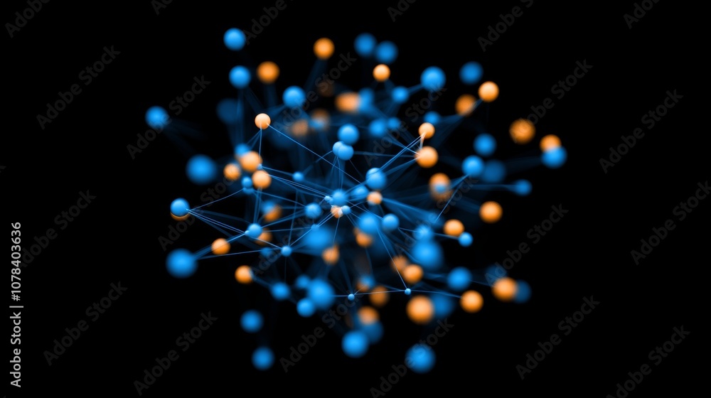 Aufkleber blockchain network visualization with glowing nodes and lines in vivid blue and orange on a black ba