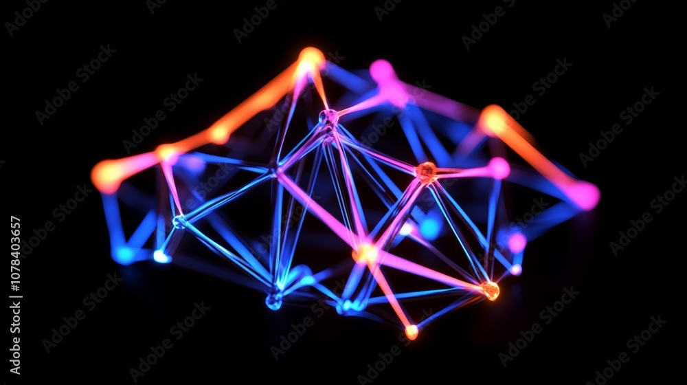 Poster blockchain network visualization with glowing nodes and lines in vivid blue and orange on a black ba