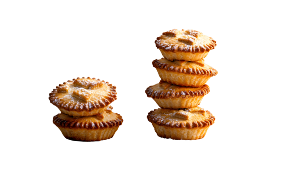 A collection of Christmas mince pies staked, piled up isolated against a flat background.