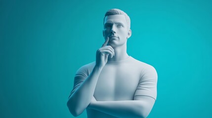 Fototapeta premium 3D Character pondering, hand on chin, blue background, cool palette 