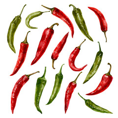 Watercolor set with red and green chili peppers. Perfect clip art for your projects. Suitable for backgrounds, textiles, wrapping paper, menus, packaging, stickers, etc.