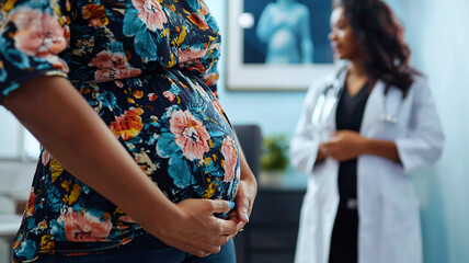 Pregnant woman in floral shirt holding her belly with doctor nearby