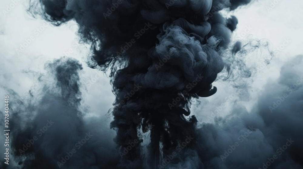 Poster flowing black smoke with complex shapes, creating a shadowy and mysterious background on white