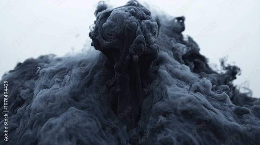 Poster flowing black smoke with complex shapes, creating a shadowy and mysterious background on white