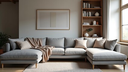 Gray sectional sofa with cozy throw blankets, pillows, and a built-in bookshelf in the background, creating a comfortable, family-friendly living room.