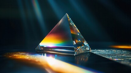 Glass prism dispersing vivid rainbow light on a dark surface with soft, dramatic shadows and reflections