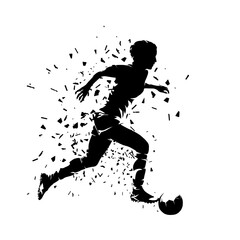 Female football player running with ball, woman playing soccer, isolated vector silhouette, side view