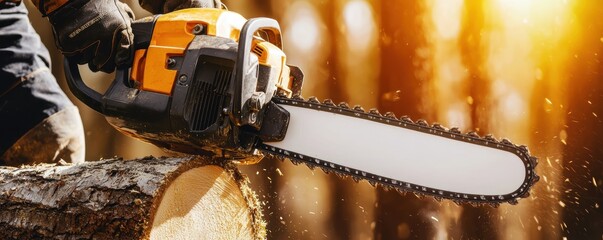 A logger operates a chainsaw on a fallen tree, wearing safety gear and surrounded by freshly cut logs in a woodland clearing