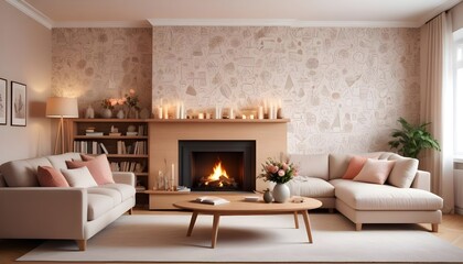 Scandinavian living room interior design zoom background,Doodle Galaxy patterned wallpaper graphics