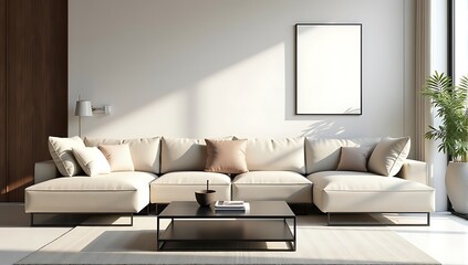 Low-profile sofa with a sleek glass coffee table and minimalist decor, creating a spacious, contemporary living room with clean lines and neutral colors.