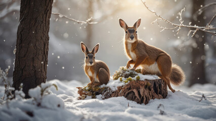 A whimsical scene of forest animals like deer, rabbits gathered around a snow-covered tree decorated with natural ornaments. 