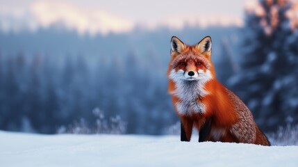 Obraz premium Fox in snowy landscape, alert and majestic; use cool palette 