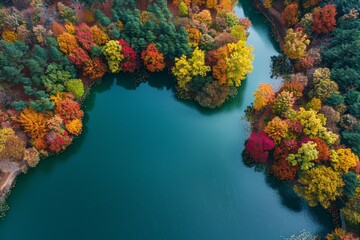 Aerial top view of countryside in autumn fall forest and blue lake. Neural network ai generated art