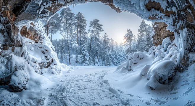 An ice cave with a deep interior, beside the entrance has snow covered rocks and trees, and the interior is very claustrophobic.