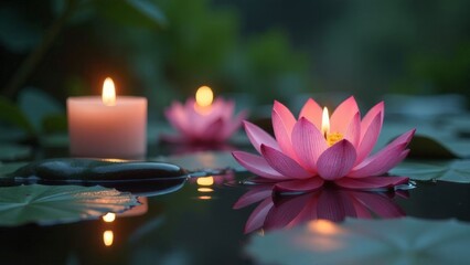 Lotus buds with candles on the water. SPA