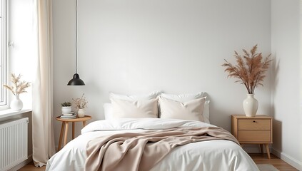 Scandinavian-style bedroom with white walls, natural wood furniture, minimalist bedding, and a cozy throw blanket for a calming, peaceful vibe.