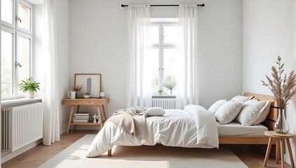 Scandinavian-style bedroom with white walls, natural wood furniture, minimalist bedding, and a cozy throw blanket for a calming, peaceful vibe.