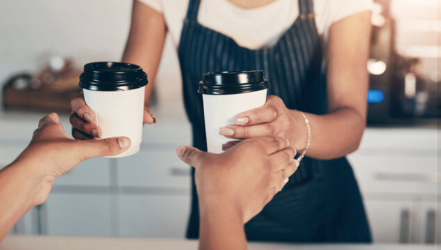 Hands, customer and coffee service with barista for order, sale and pov of people. Cafe closeup, waitress and giving drink, takeaway and client purchase latte for hospitality offer in small business