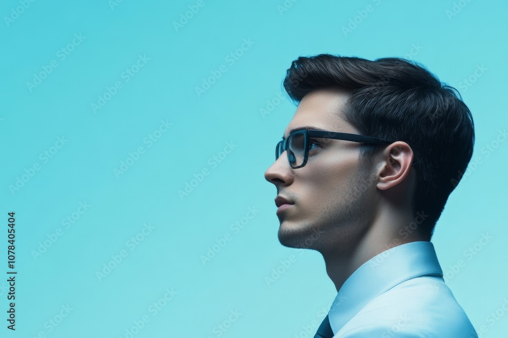 Poster businessman using ai for analytics and automation; blue-gray palette