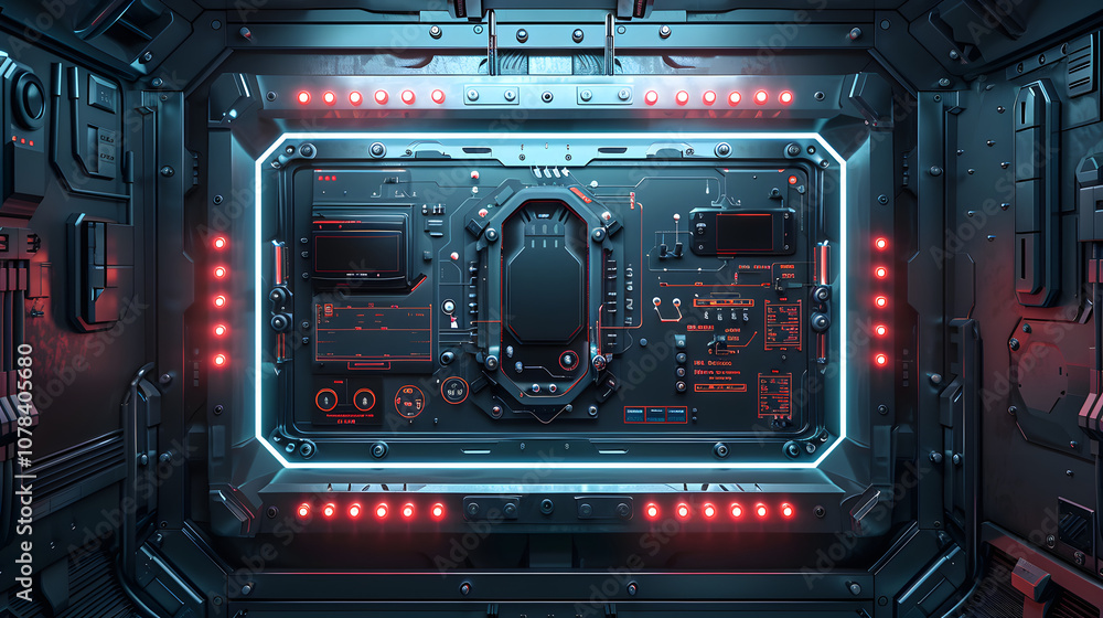 Wall mural dark sci-fi led display television futuristic monitor screen device with buttons and card slots in a