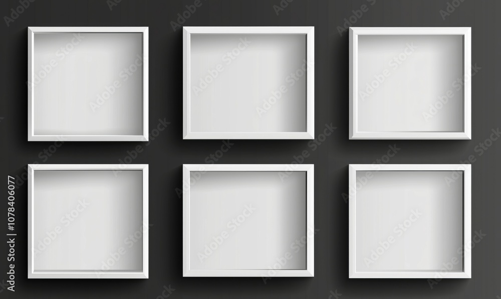 Poster empty white frames arranged in grid pattern on dark background