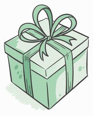 Watercolor Green Gift Box with Ribbon and Bow Illustration