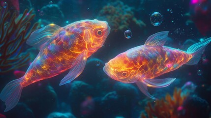 Fototapeta premium Surreal underwater world with glowing fish, ethereal ocean scene