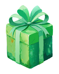 Watercolor Green Gift Box with Ribbon and Bow Illustration