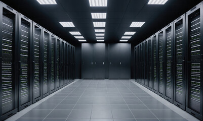 A long hallway in a server room with rows of black server racks