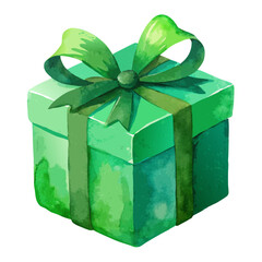 Watercolor Green Gift Box with Ribbon and Bow Illustration