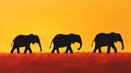 Fototapeta premium Three Elephants Wander Lush Golden Sunset, Palette: Warm Oranges and Golds 
