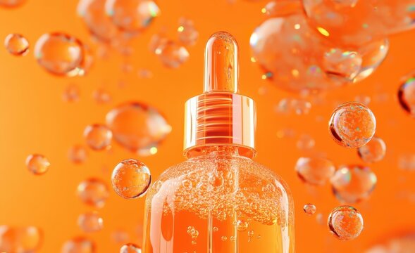 3D rendering of a liquid bubble moisturizer with hyaluronic acid vitamin C and collagen on an orange backdrop