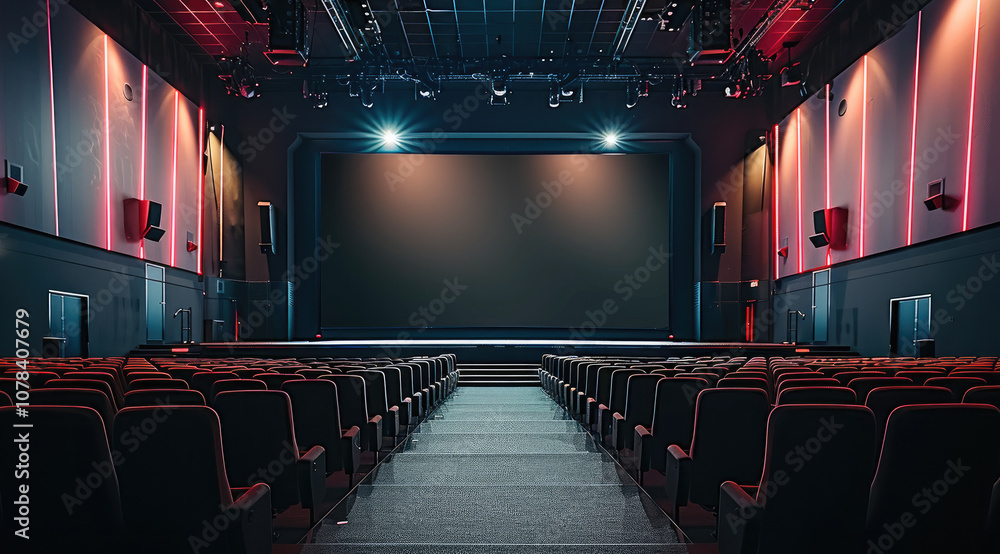 Poster a large black screen in front of an empty cinema hall with rows of chairs, all on a black background