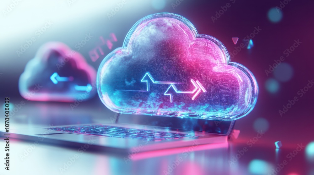 Poster holographic cloud icon with device sync arrows pointing to laptop and smartphone, isolated on white