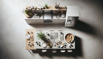 Stylish minimalist kitchen with large island, potted herbs, and simple, elegant décor on concrete floor.
