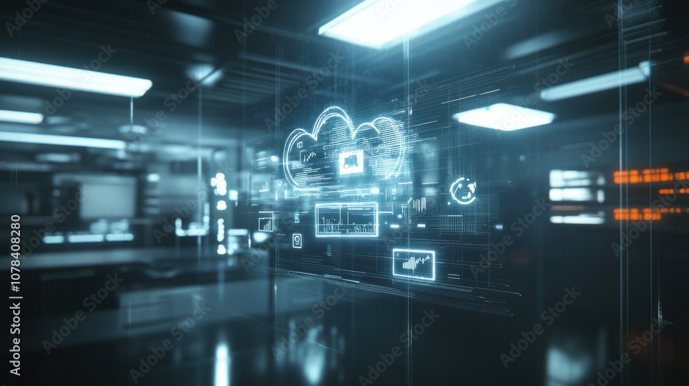 Poster cloud computing hologram with device sync icons, showing digital connection between gadgets